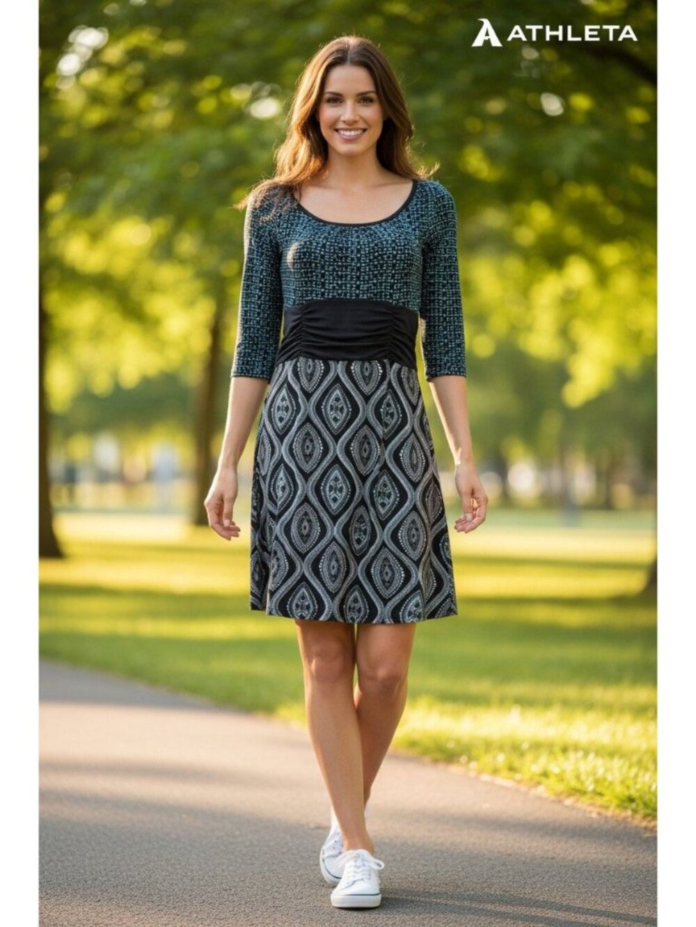 Athleta Turquoise & Black Patterned Dress With Elbow Sleeves Stretchy Waistband
